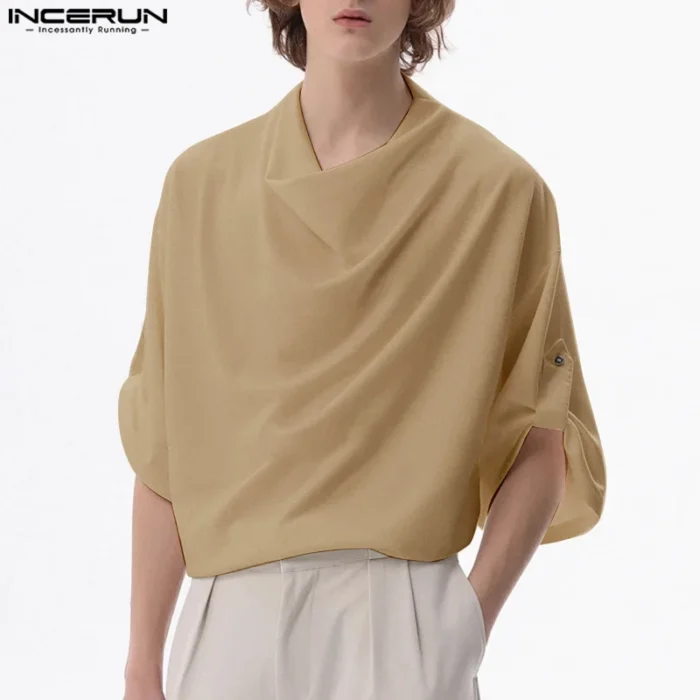 INCERUN Men T Shirt Solid Color Turtleneck Half Sleeve Casual Male Tee Tops Summer Streetwear 2025 Fashion Men Clothing S-5XL - Image 1
