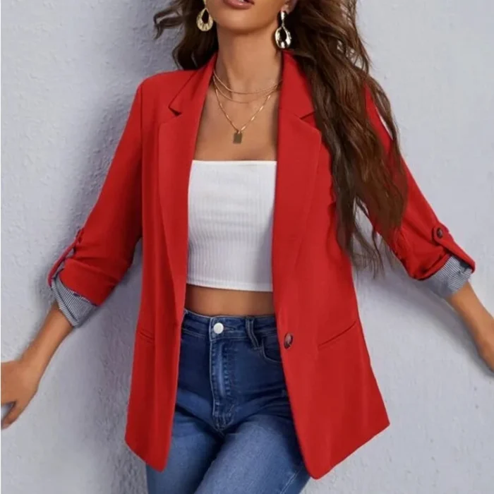 Women Autumn Winter Fashion Splicing Lapel Slim Cardigan Blazer Jacket Long Sleeve Casual - Image 6