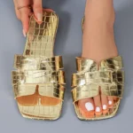 Golden Open Heeled Flat Women's Shoes Leather Sandals Bathroom Slippers Beach Footwear Comfortable Slip-On Sandals for Women - Image 3