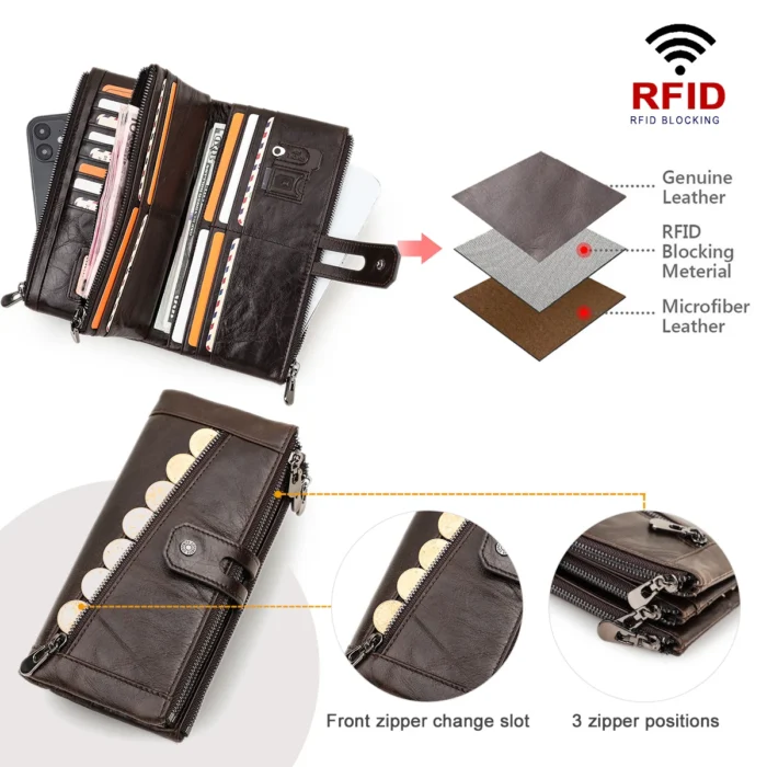 Contact's Name Engraving Genuine Leather Wallet Men Zipper Capacity Male Long Money Purse Phone Pocket Card Holder New Portfel - Image 5