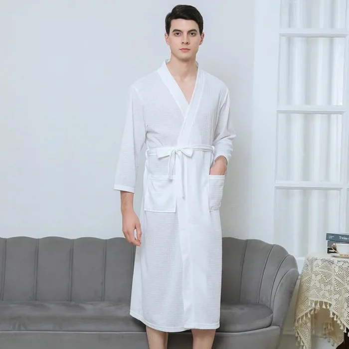 Waffle Transparent Bathrobe Men Women Summer Thin Robe Shower Plaid Dressing Gown Knee Length Breathable Nightgown Home Cloth - Image 4