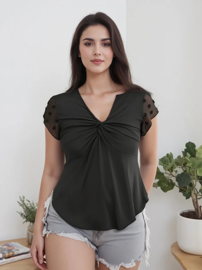 Women s Plus Size Summer Tops Twist Front V Neck Curved Hem Patchwork Mesh Short Sleeve Blouses with Floral Print - Image 3