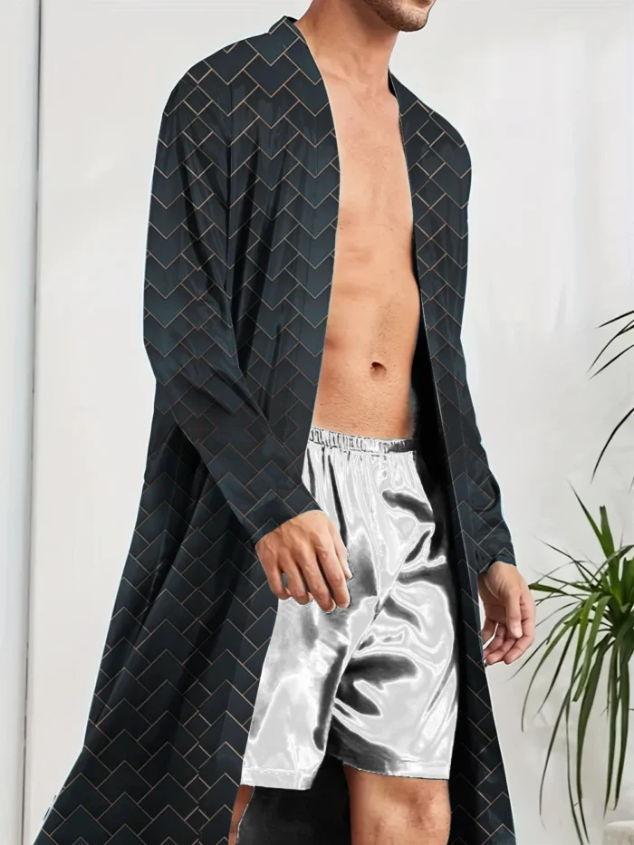2025 Men's Sleeping Robe Ice Silk Thin Style High End Simple Sleepwear Summer Medium Long Sleeve Bathrobe - Image 2