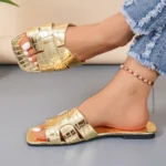 Golden Open Heeled Flat Women's Shoes Leather Sandals Bathroom Slippers Beach Footwear Comfortable Slip-On Sandals for Women - Image 4