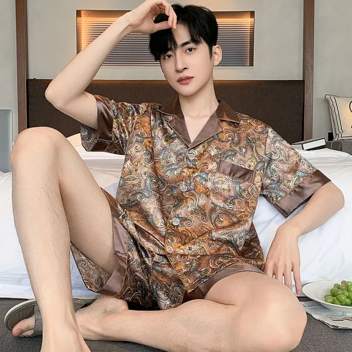 Ice Silk Pajamas Suit Men Spring Summer New Typle Fashion Short Sleeve Polyester Loungewear Male Sleepwear Geentlemen Homewear - Image 1