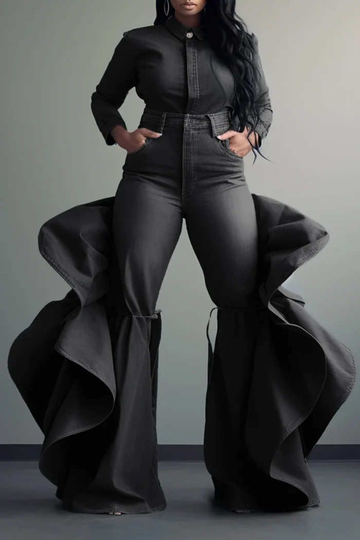 Plus Size Fashionable Women's Blue Jeans High Waist Ruffle Flared Casual Pink Denim Pants Spring Black Skinny Pants - Image 3