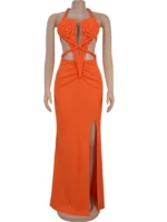 Beyprern Women's Cut-Out Ruched Maxi Dress Orange Sexy Halter Neck Backless High Slit Bandage Party Dresses Birthday Outfits - Image 4