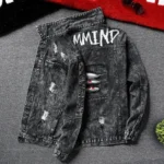 Jeans Coat for Men Hip Hop with Print Ripped Button Black Hole Denim Jackets Man Size L Large Lxury Worn Cowgirl Fast Delvery G