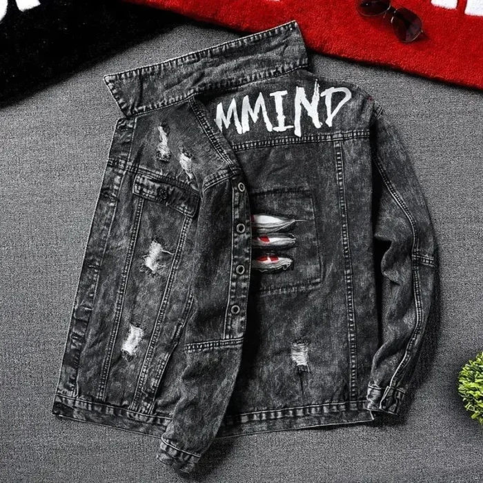 Jeans Coat for Men Hip Hop with Print Ripped Button Black Hole Denim Jackets Man Size L Large Lxury Worn Cowgirl Fast Delvery G - Image 1