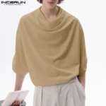 INCERUN Men T Shirt Solid Color Turtleneck Half Sleeve Casual Male Tee Tops Summer Streetwear 2025 Fashion Men Clothing S-5XL - Image 2