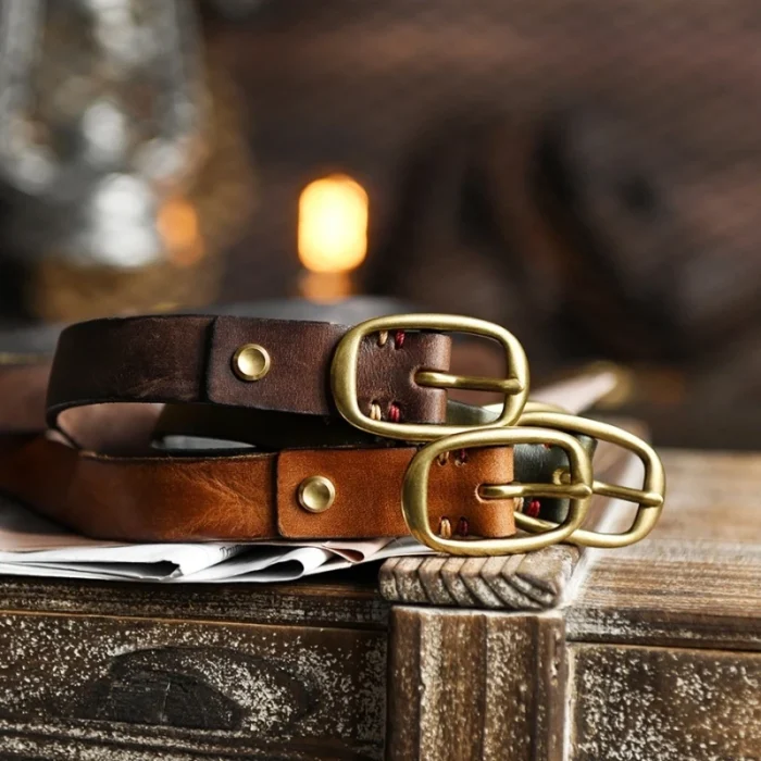 Retro Narrow Genuine Leather Women's Belt Pure Copper Button Western Cowboy Style Versatile Jeans Belt Fashion Luxury Women Belt - Image 3
