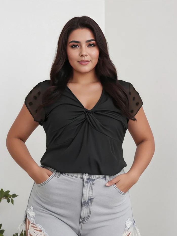 Women s Plus Size Summer Tops Twist Front V Neck Curved Hem Patchwork Mesh Short Sleeve Blouses with Floral Print - Image 2