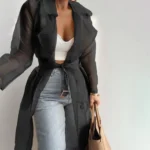 Spring Summer Women Coat Solid Color Turndown Collar Long Sleeve Net YarnWomen Shirt See Through Lace-up Female Long Shirt